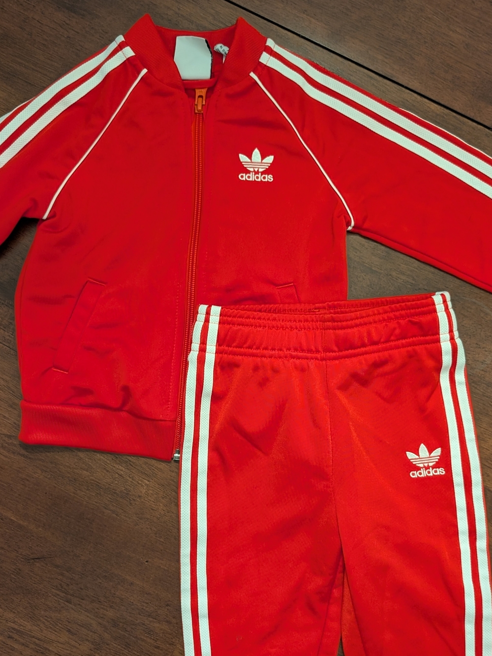 adidas Kids Red Sweatpants & Track Jacket Set with White Stripes, 12-18 Mo